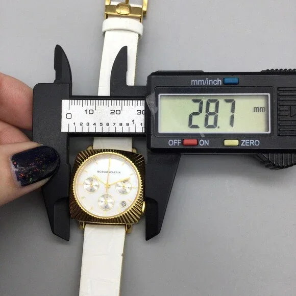 BCBGMAXAZRIA Watch Womens 29mm Gold Square MOP Chronograph Leather New Battery - Picture 12 of 14